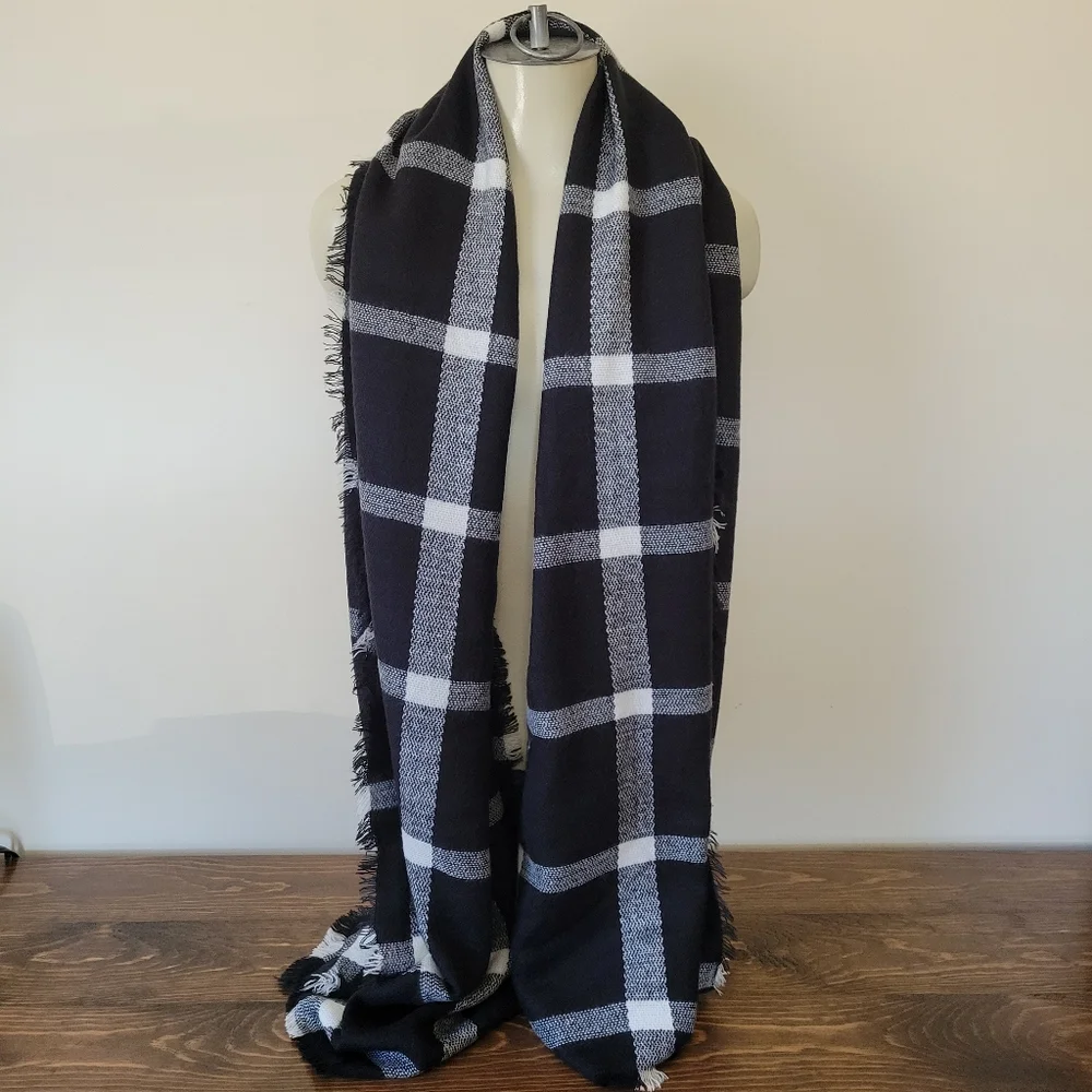 Cozy Oversized Fringe Trim Plaid Blanket Scarf